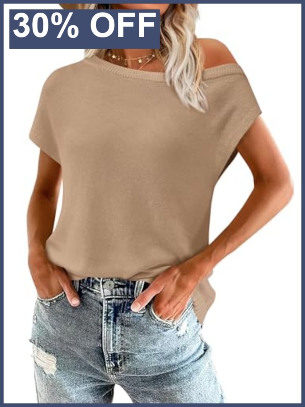 Off Shoulder Knit Tunic Top Short Sleeve Lightweight Viscose Summer Tee